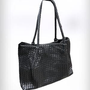 Black Vegan Faux Leather Wovan Shoulder Bag Tote Purse by KK Xui Laptop Computer